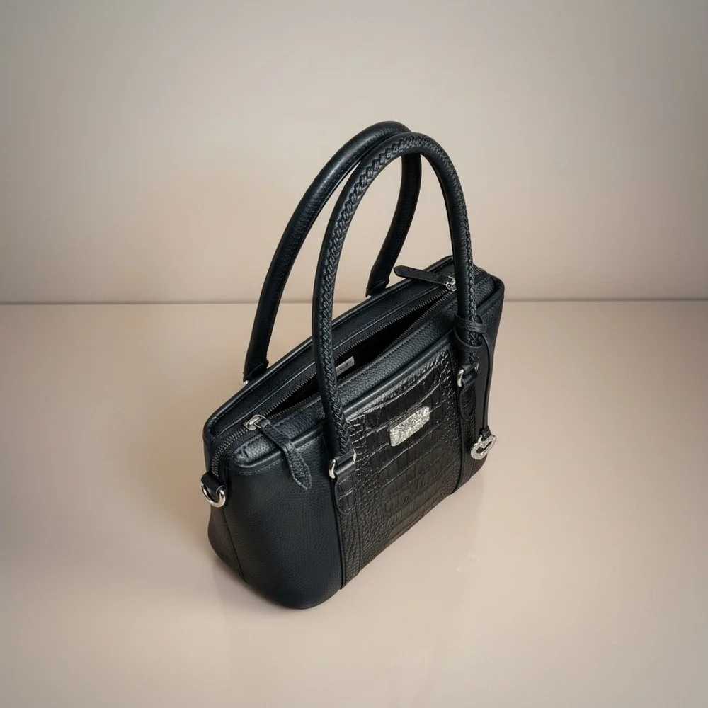 ✨Brighton Black Croc Embossed Leather Tote Heart Charm Plaid Lined Shoulder Bag✨